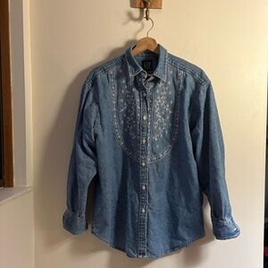 VTG GAP Women’s Denim Floral Embroidered Bib Yoke Button Double Size M *Flaw